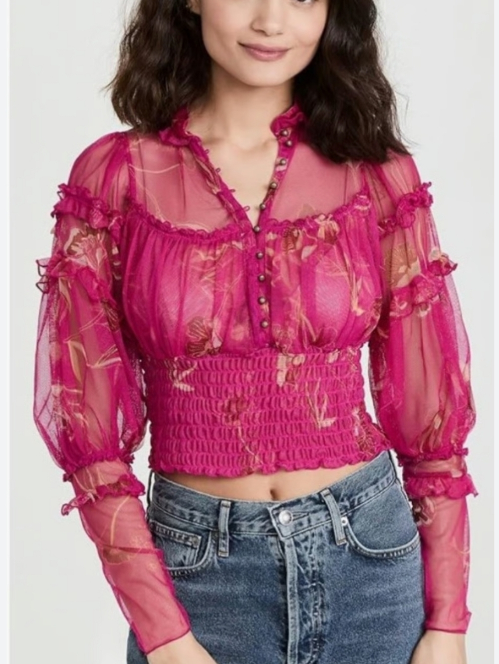 Free People Pink Sheer Blouse Large Floral Boho Ruffle Time To Shine Festival